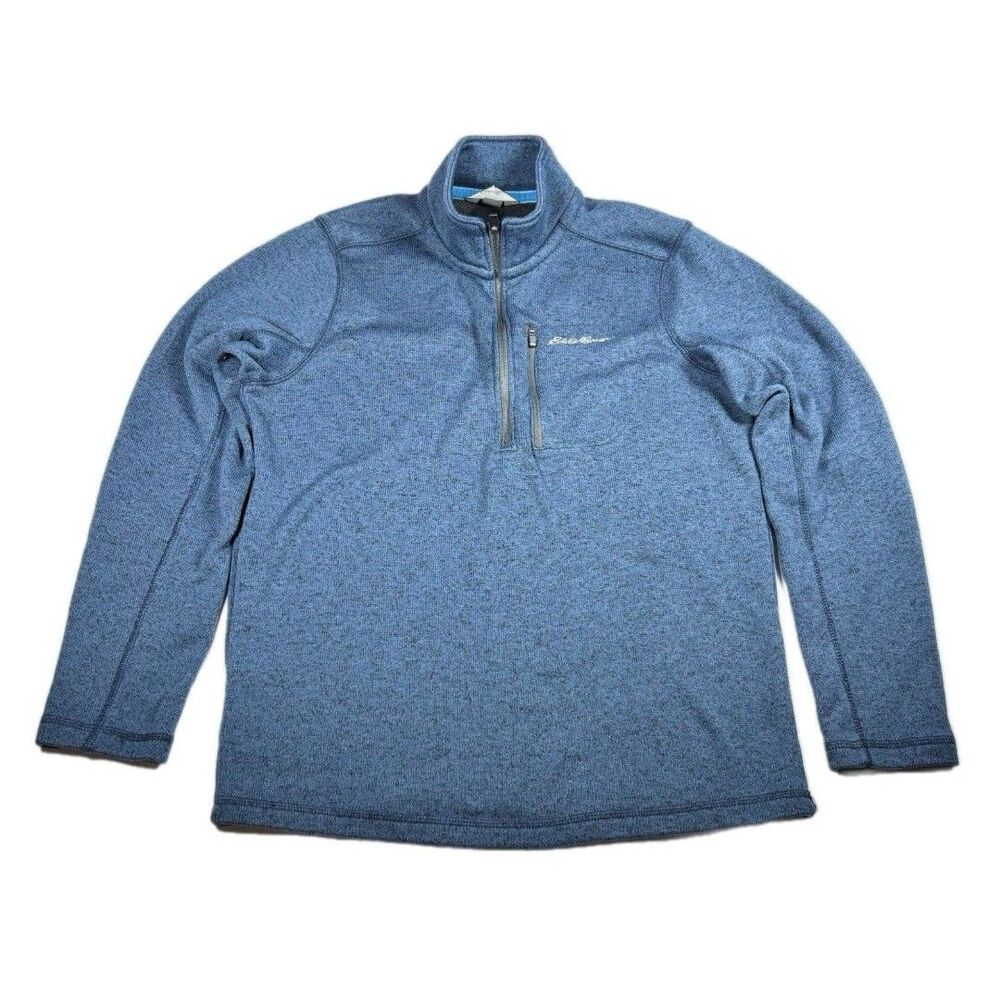 Eddie Bauer 1/4 Zip Pullover Sweater Mens Size M Blue Zip Pocket 100% Polyester